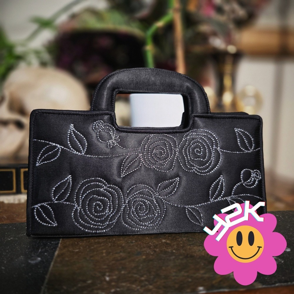 Vintage Y2K Black Satin Evening Bag Silver Rose Embroidery Mirror Clutch Handbag